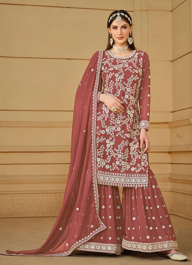 Peach Thread And Sequence Embroidery Gharara Suit