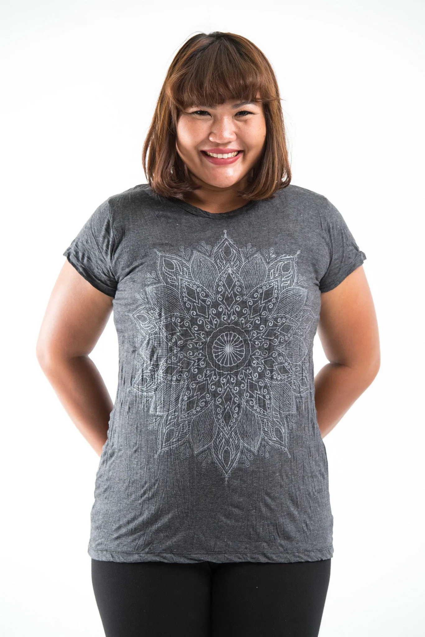 Plus Size Womens Lotus Mandala T-Shirt in Silver on Black