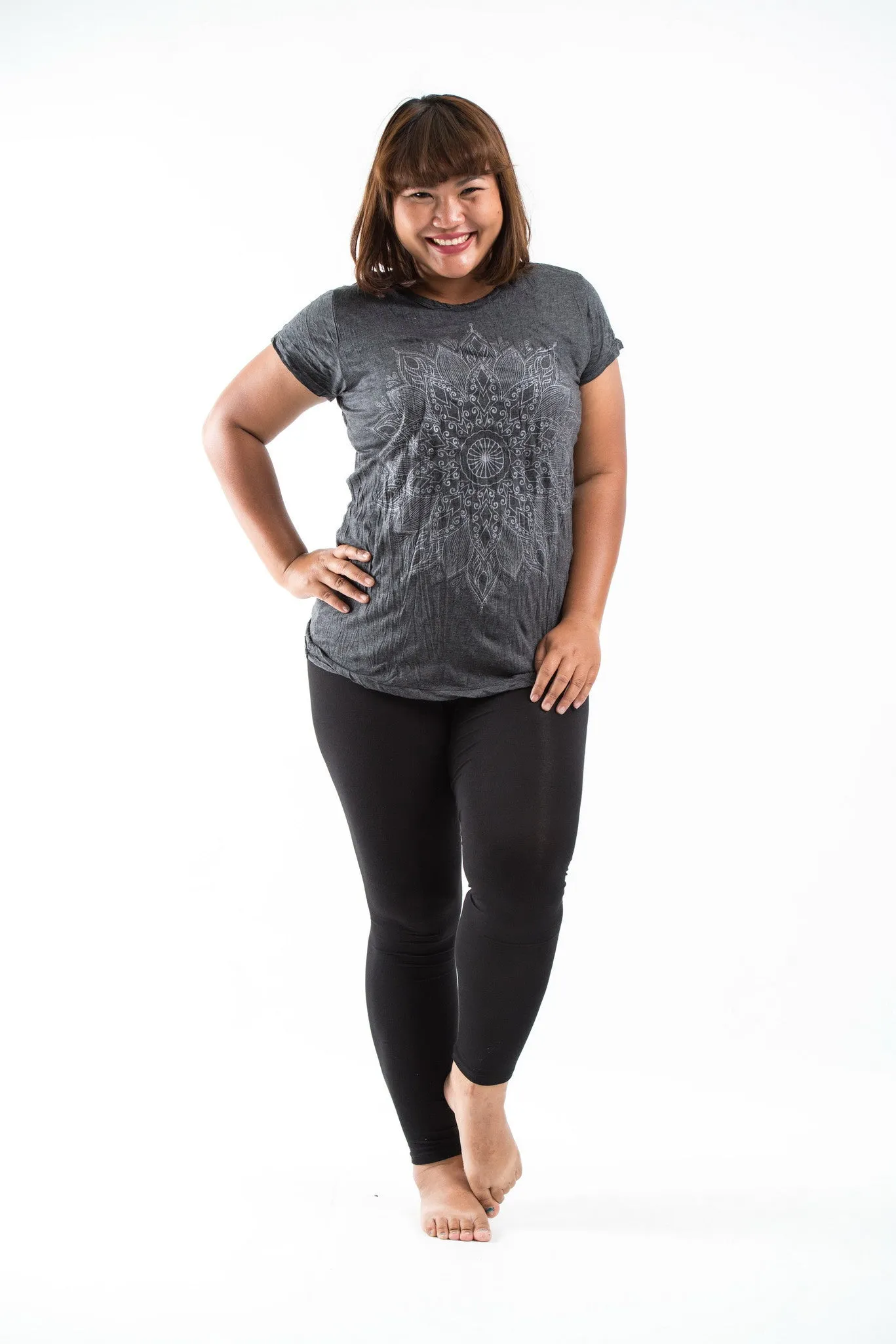 Plus Size Womens Lotus Mandala T-Shirt in Silver on Black