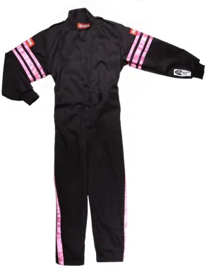 RaceQuip One Piece Single Layer Fire Suit - Black w/Pink Stripes - Kids XX-Small - 1950890