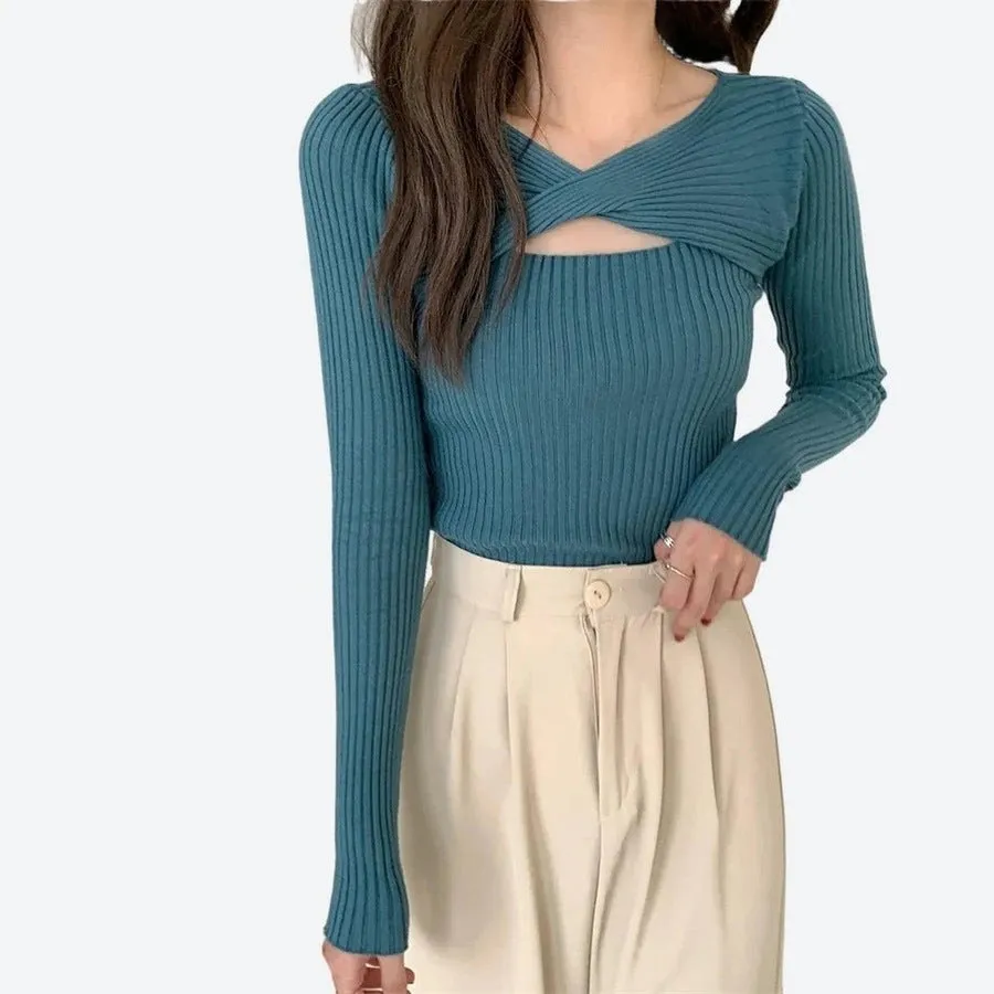 Ribbed Cutout Knit Long-Sleeve Tops