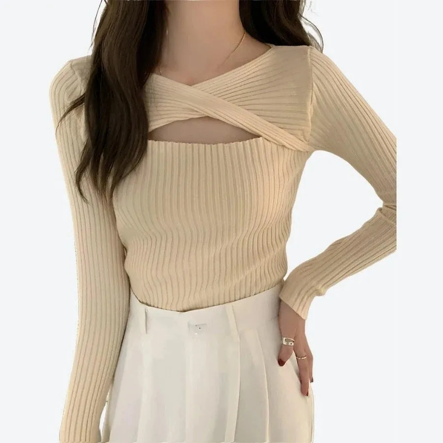 Ribbed Cutout Knit Long-Sleeve Tops