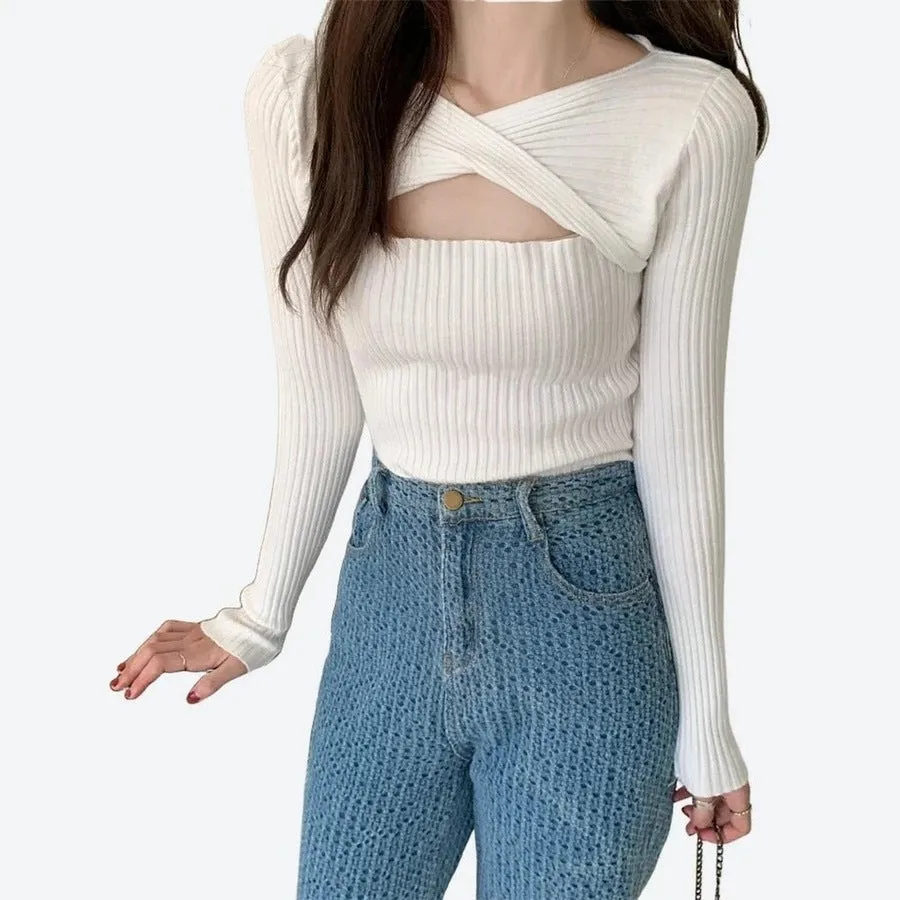 Ribbed Cutout Knit Long-Sleeve Tops