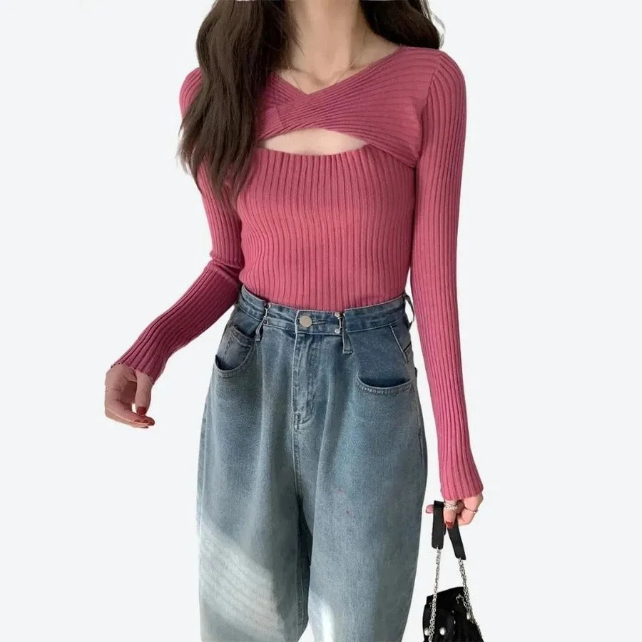 Ribbed Cutout Knit Long-Sleeve Tops