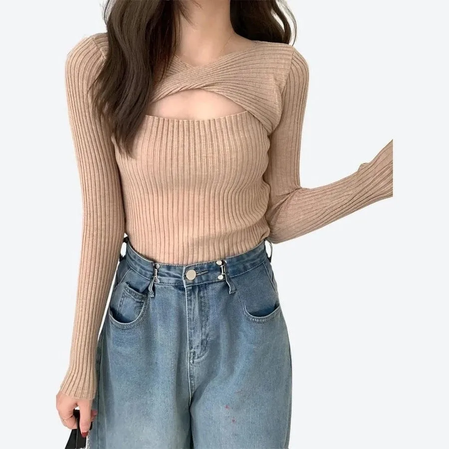 Ribbed Cutout Knit Long-Sleeve Tops