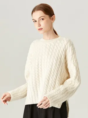 Snow Falling Cream Patchwork Knit Long Sleeve Wool Sweater