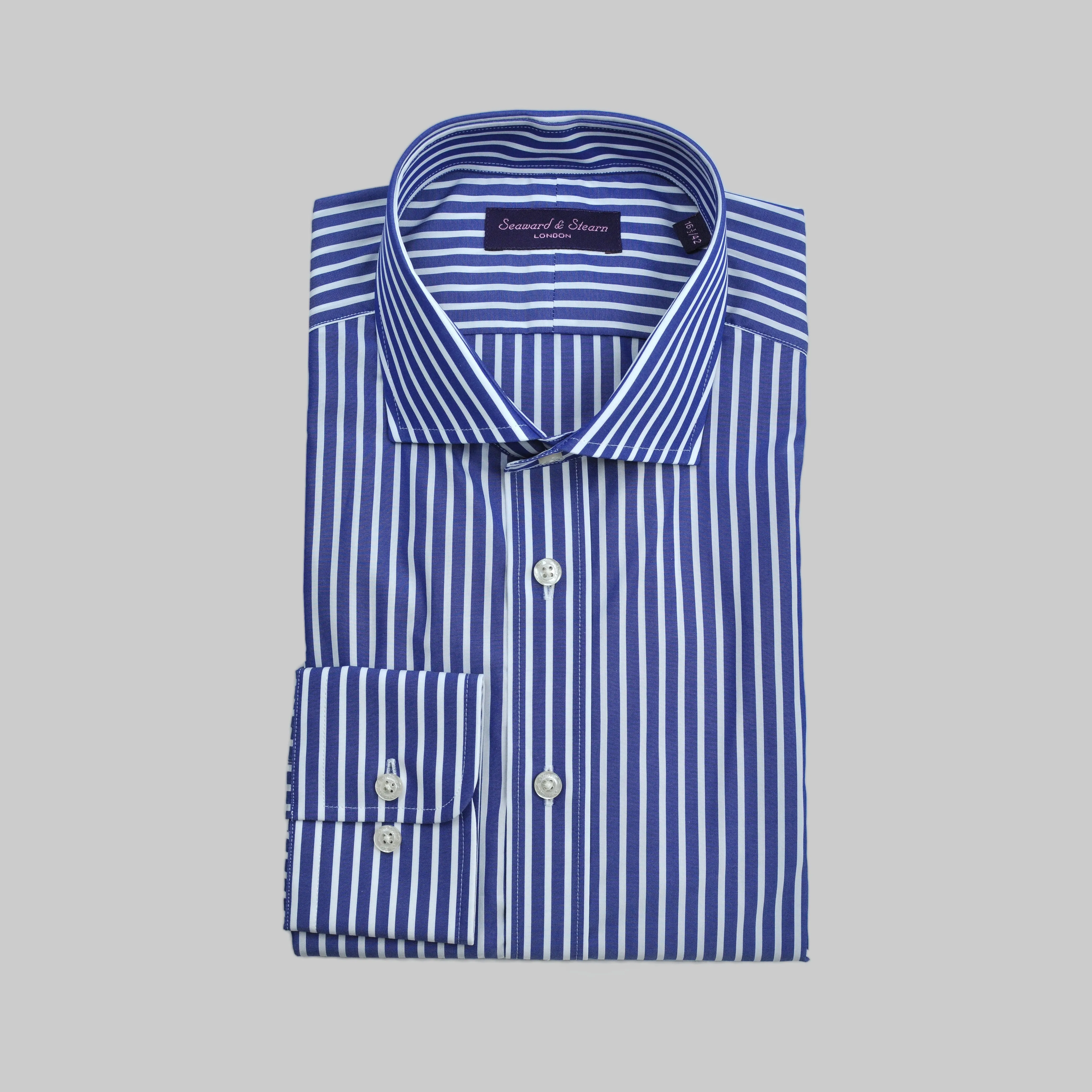 Spread Collar Block Stripe Cotton Shirt in Blue