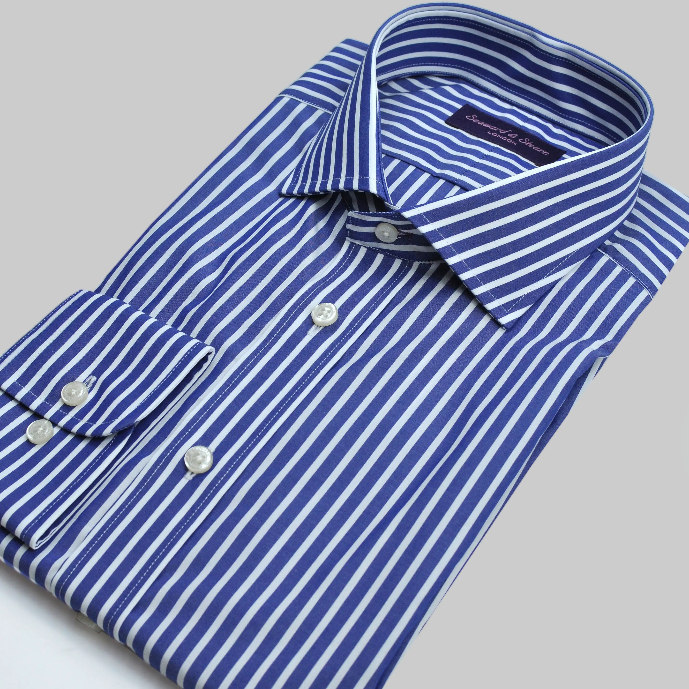 Spread Collar Block Stripe Cotton Shirt in Blue