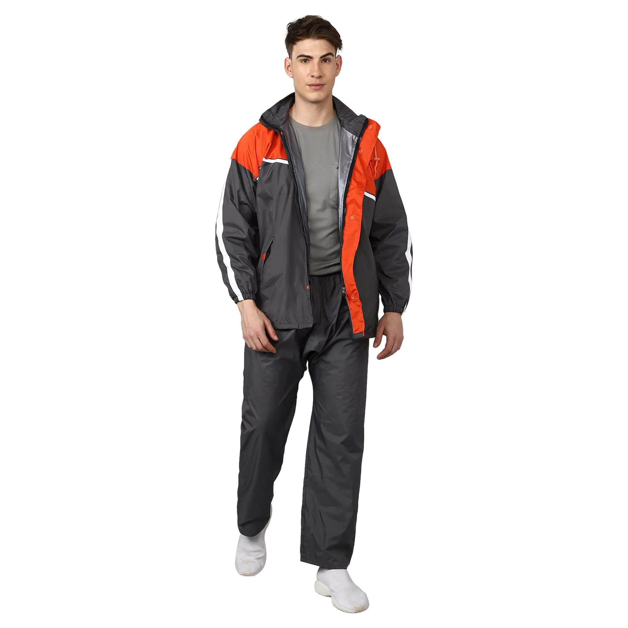 THE CLOWNFISH Nicholas Men's Waterproof Polyester Double Coating Reversible Raincoat with Adjustable Hood. Set of Top and Bottom. Drawstring Storage Bag. (Grey, XX-Large)