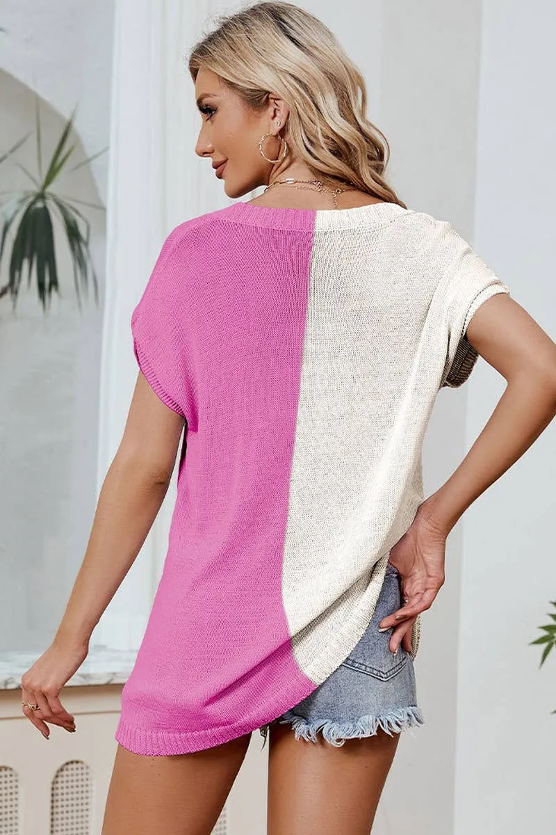 V Neck Loose Short Sleeve Sweater: CORAL-SALE