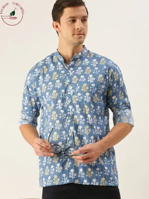 Vastramay Men's Aqua Blue Printed Embellished Shirt