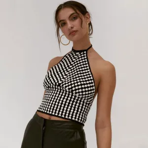 Vintage Gingham Lace Up Halter Neck Cropped Tank Top - Black