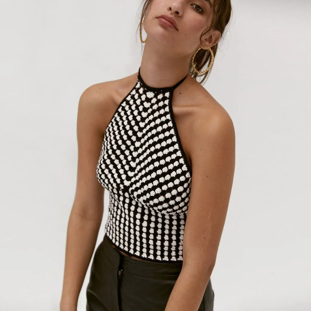 Vintage Gingham Lace Up Halter Neck Cropped Tank Top - Black