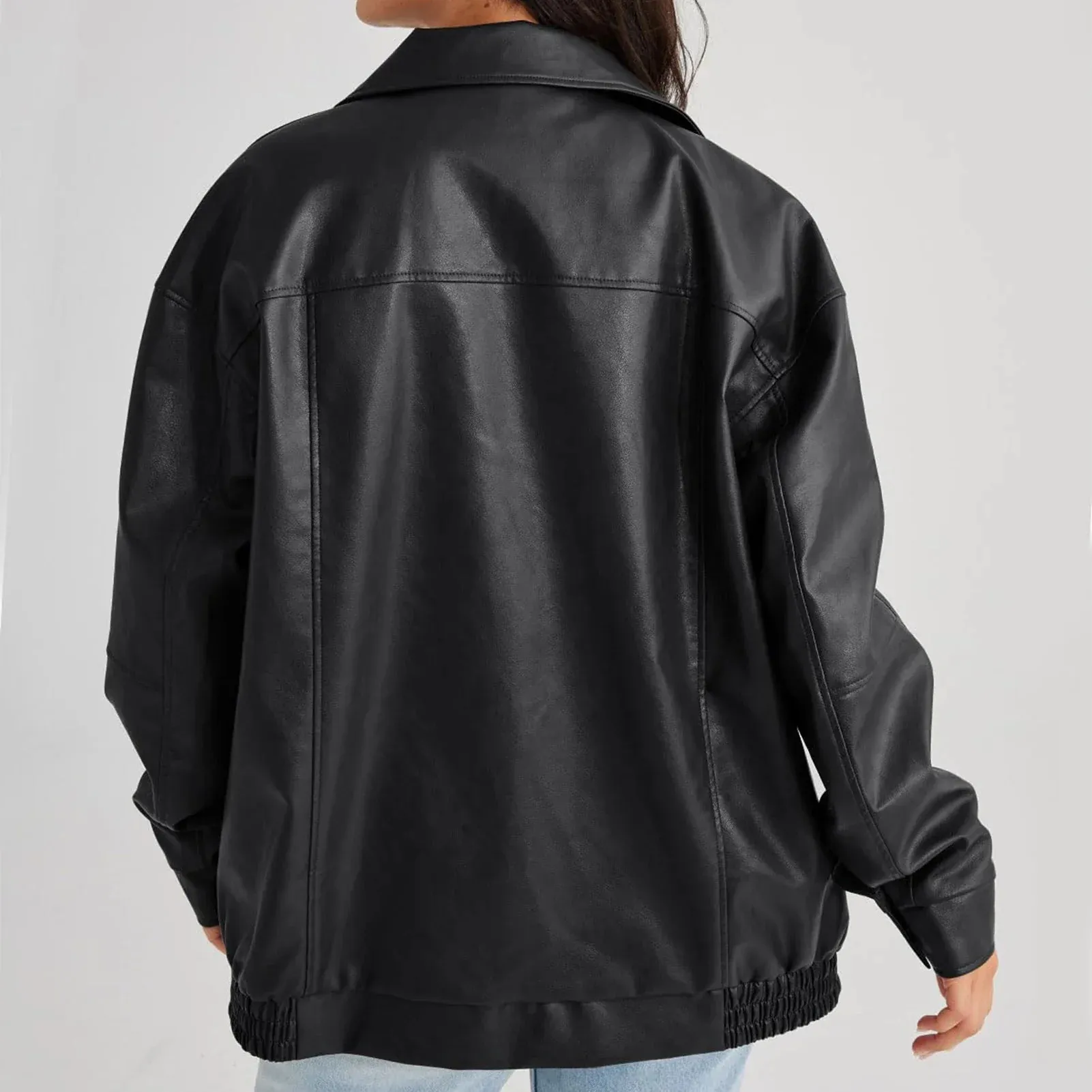 Women Faux Leather Casual Motorcycle Long Sleeve Lapel Zipper Vintage Streetwear Cropped Jacket Coat