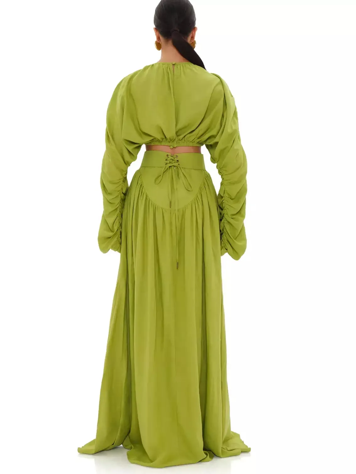 Women’s Cropped Ruched Top with long Matching Corset Skirt Set in Green