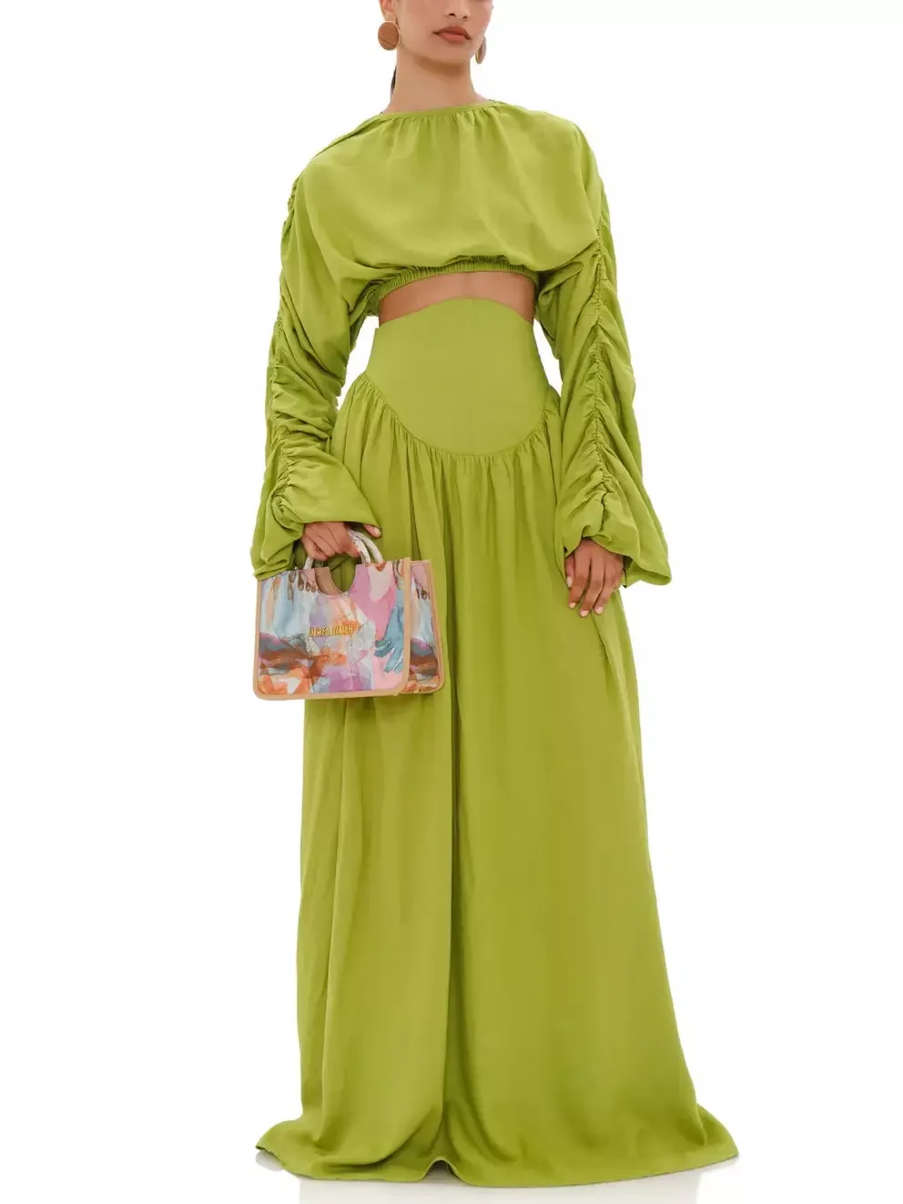 Women’s Cropped Ruched Top with long Matching Corset Skirt Set in Green